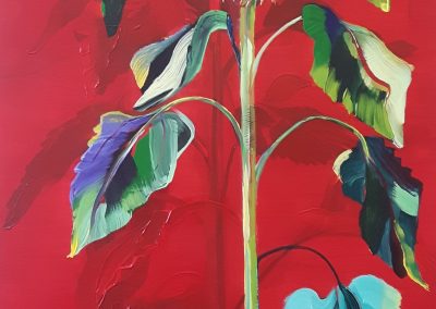 Wim Schot Zonnebloemen, rood, acryl op doek